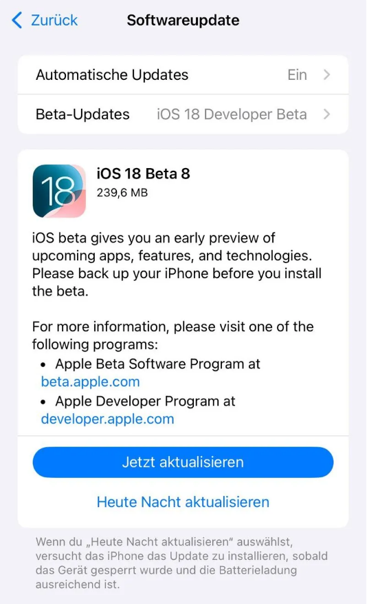 海安苹果手机维修分享苹果 iOS / iPadOS 18 开发者预览版 Beta 8 发布 